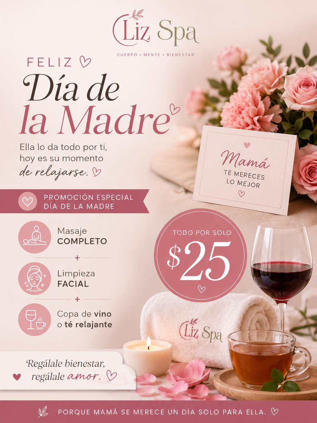 Promoción Día de la Madre Liz Spa: masaje completo, limpieza facial y copa de vino o té relajante por $25